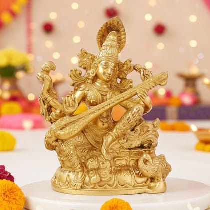 Brass Saraswati Ji Idol - Classic Decorative God Statue, Height : 11.5 Inch (BSMAS1095 A)