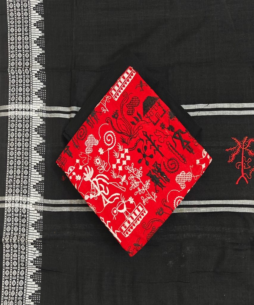 Red Black Sambalpuri Handwoven Ikat Suit Set SFCSUT2504