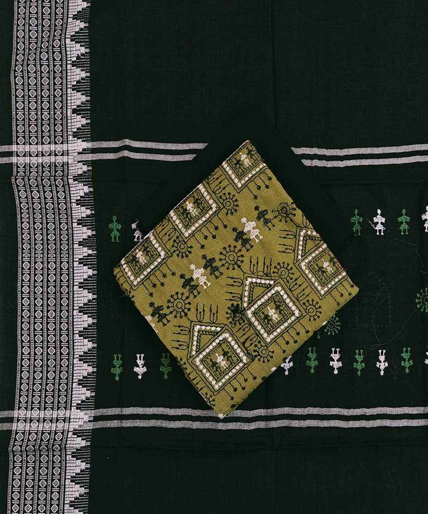 Olive Black Sambalpuri Handwoven Ikat Suit Set SFCSUT2508