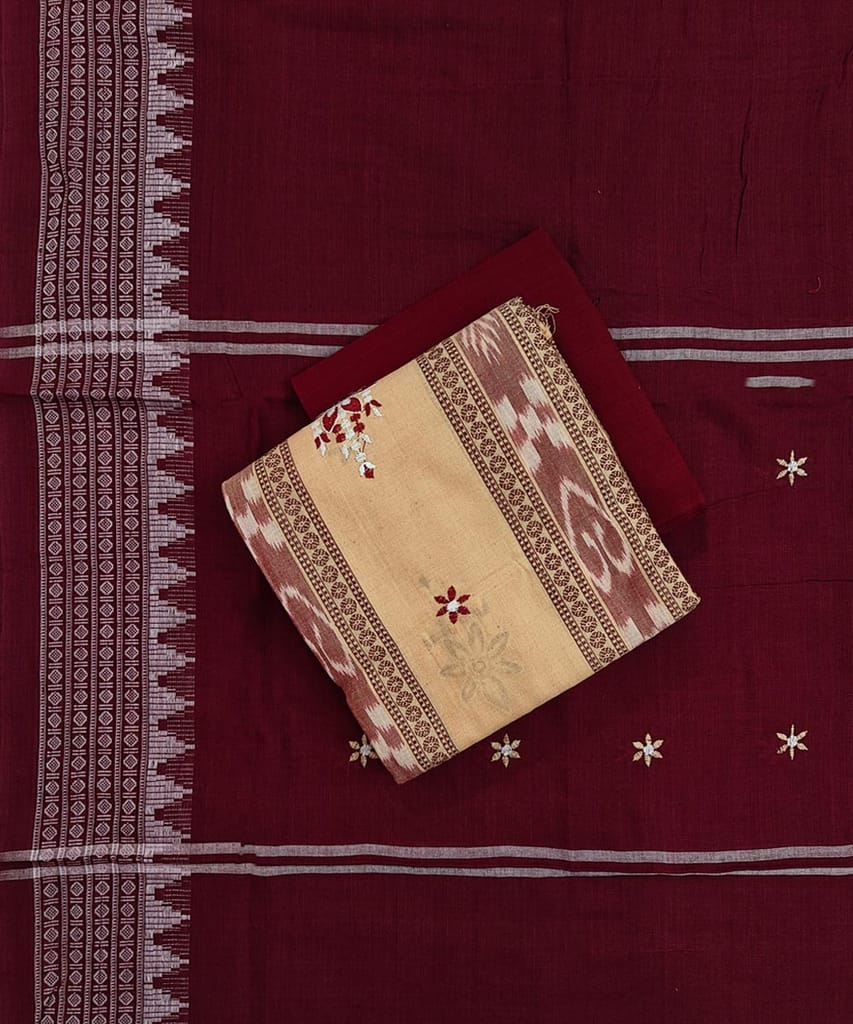 Beige Maroon Sambalpuri Handwoven Ikat Suit Set SFCSUT2515