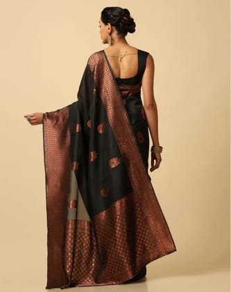Women's Soft Lichi Silk Printed Saree With Unstitched Blouse 5.5Mtr (Black)-PID63631
