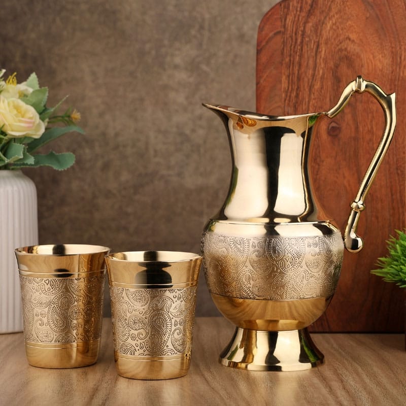 Mughlai Brass Jug with Set of 2 Pure Brass Tumblers Elegant Water Storage Set