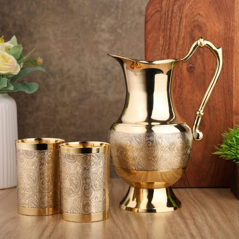 Brass Mughlai Jug with 2 Straight Tumblers Embossed Design for Water Storage and Serving