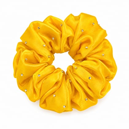 M/S STYLE MOMENTS & GIFT COLLECTION Premium Yellow Satin Hair Scrunchie with Rhinestone Embellishments | Stylish Hair Accessory for Women & Girls