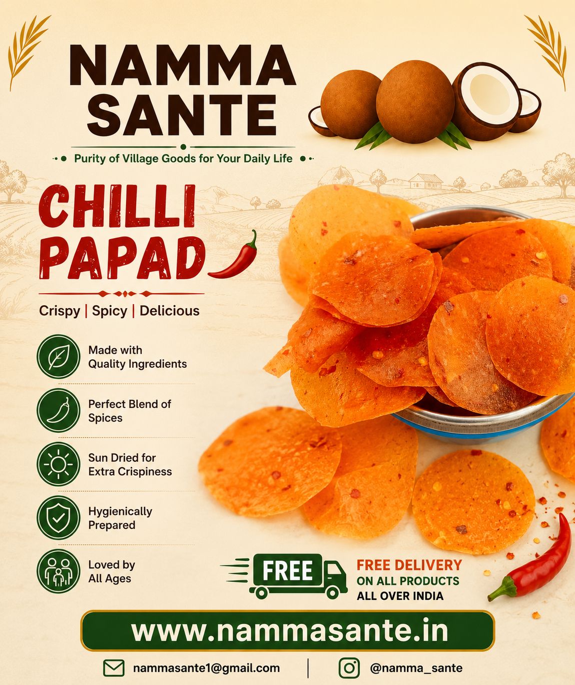 Chilli Papade, Masala Papad, Spicy Papad, Red Chilli Papad, Mirchi Papad 