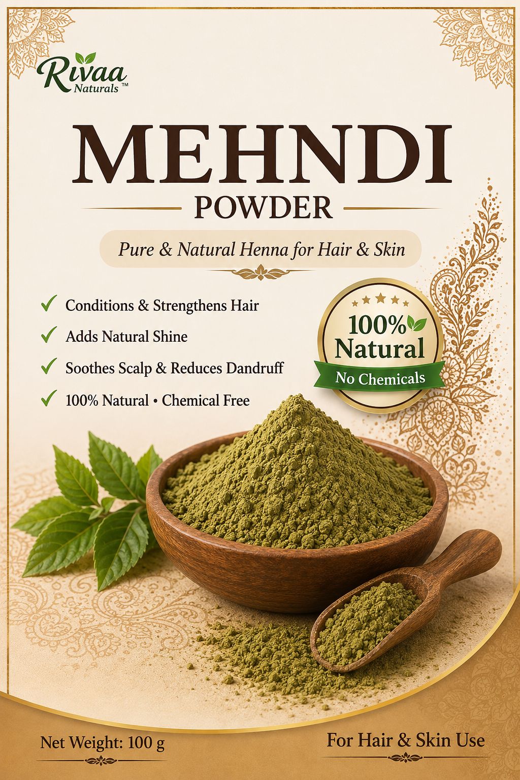 Rivaa Naturals Pure & Natural Mehndi Henna Powder for Hair & Skin - 100g