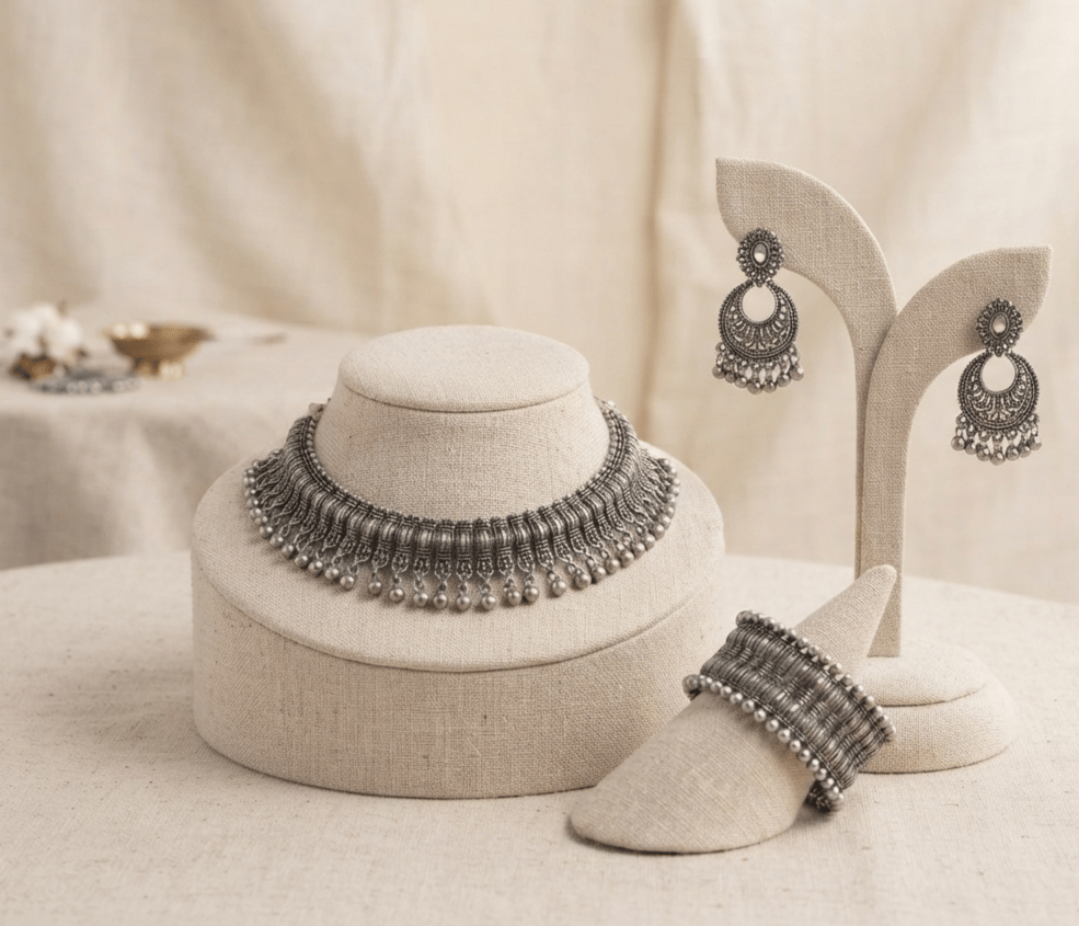 Traditional Oxidized Silver Choker Necklace with Matching Earrings and Bracelet Set