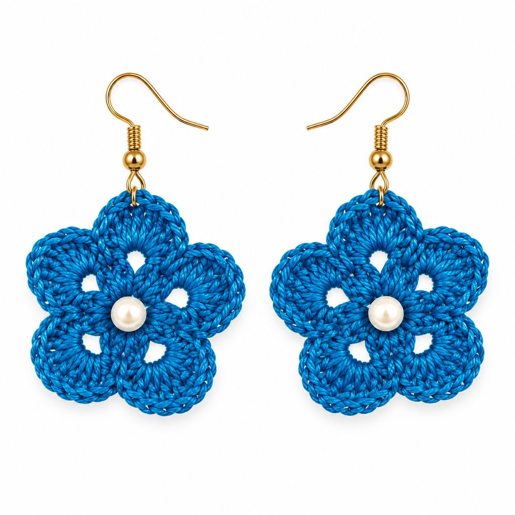 Handmade Blue Crochet Flower Earrings with Pearl Centre | Lightweight Fashion Jewellery | M/S STYLE MOMENTS & GIFT COLLECTION - Earrings | Buy online on ZillyBuy
