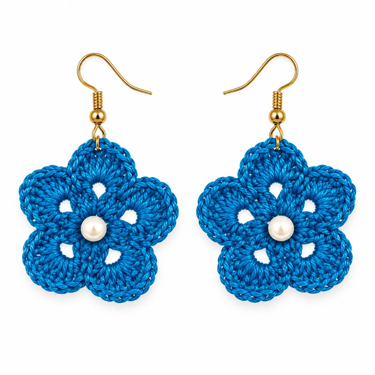 Handmade Blue Crochet Flower Earrings with Pearl Centre | Lightweight Fashion Jewellery | M/S STYLE MOMENTS & GIFT COLLECTION