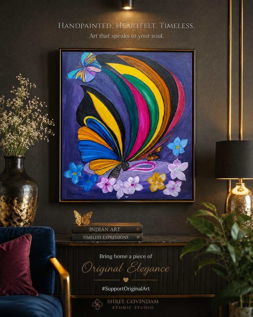 Original Acrylic Butterfly & Floral Painting by Priyanka Mathur | Hand-Painted Canvas Art | 8 x 10 Inches I Wall Art I Canvas Art