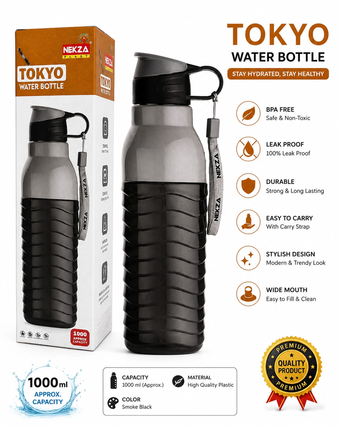 NEKZA PLAST Tokyo 1000ml BPA-Free Plastic Water Bottle with Carry Strap (Smoke Black/Grey)