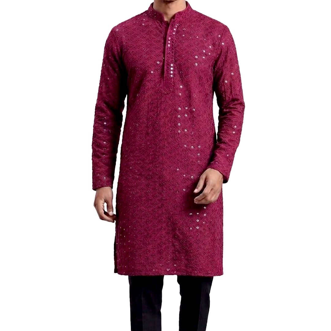 Men’s Wine Chikankari Embroidered Kurta (Size-44)