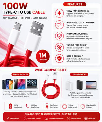 100W Type-C to USB Fast Charging & Data Transfer Cable, 1M, Red