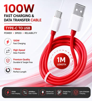 100W Type-C to USB Fast Charging & Data Transfer Cable, 1M, Red