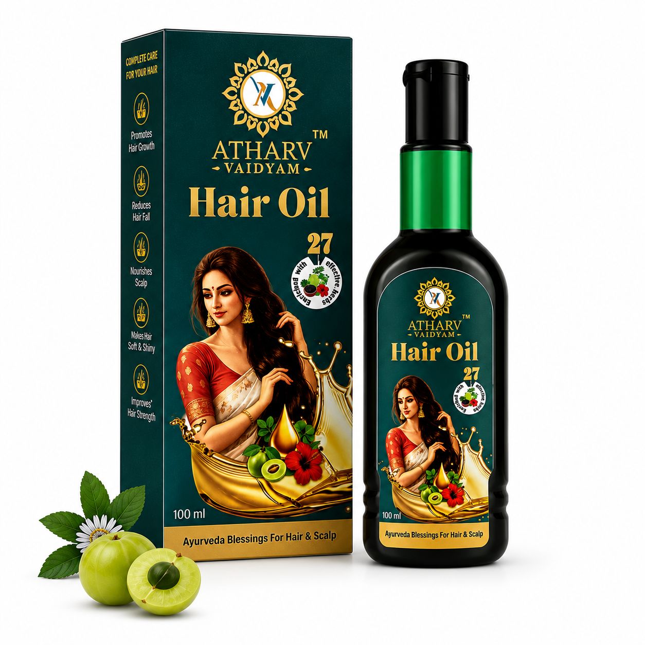 ATHARV VAIDYAM Ayurvedic Hair Oil for Hair Growth, Hair Fall Control and Dandruff Control - 100ml | Enriched with 27 Powerful Herbs | Bhringraj, Brahmi, Amla, Kalonji, Onion Oil | Suitable for Women & Men