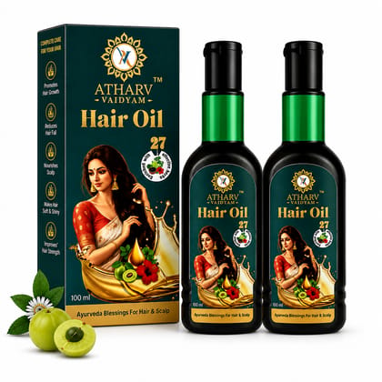 Atharv Vaidyam Ayurvedic Hair Oil for Hair Growth, Hair Fall Control and Dandruff Control - 100ml Pack of 2 | Enriched with 27 Powerful Herbs | Bhringraj, Brahmi, Amla, Kalonji, Onion Oil | Suitable for Women & Men