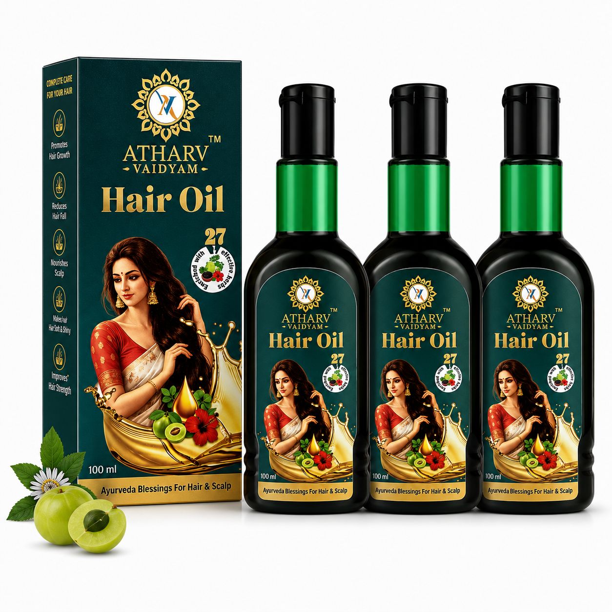 Atharv Vaidyam Ayurvedic Hair Oil for Hair Growth, Hair Fall Control and Dandruff Control - 100ml Pack of 3 | Enriched with 27 Powerful Herbs | Bhringraj, Brahmi, Amla, Kalonji, Onion Oil | Suitable for Women & Men