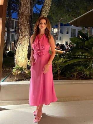 Halterneck Backless Flower Applique Waist Band Maxi Dress-Pink / M