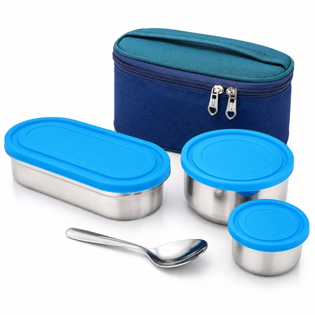 V3Deals Steel Oval Lunch Box with Bowl & Spoon | Tiffin Box for Office & School, PREMIUM STAINLESS STEEL: Durable, reusable and made for everyday meals at home, office, school and travel