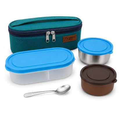 V3Deals Plastic Lunch Box with Steel & Plastic Bowls, Spoon & Carry Bag, Food Grade Plastic, Large Steel Bowl, Large Plastic Bowl, Spoon, Carry Bag, 2 Bowl Combo, Compact & Portable