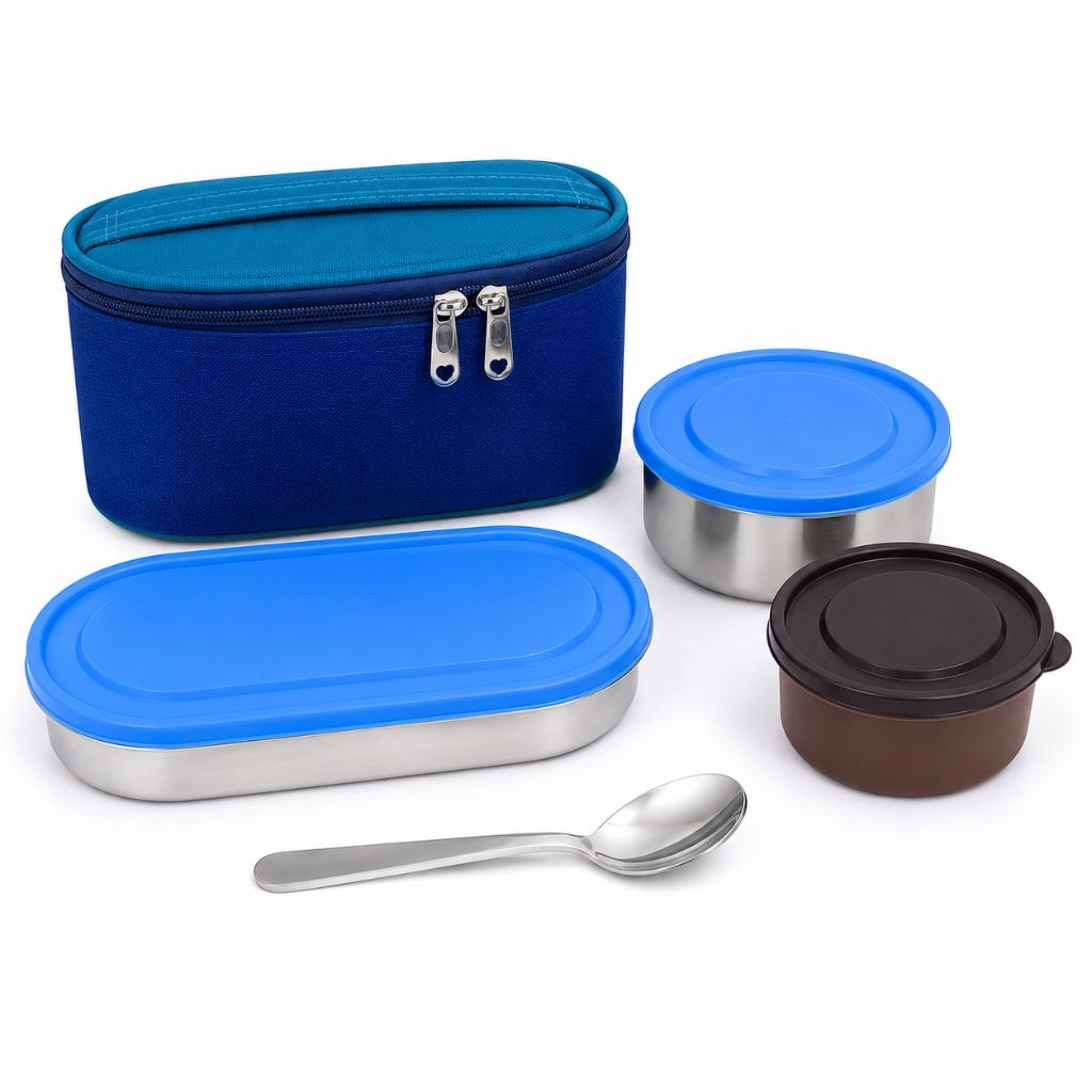 V3Deals Steel Lunch Box with Steel & Plastic Bowls, Spoon & Carry Bag, Premium Stainless Steel, Large Steel Bowl, Large Plastic Bowl, Spoon, Carry Bag, 2 Bowl Combo, Compact & Portable
