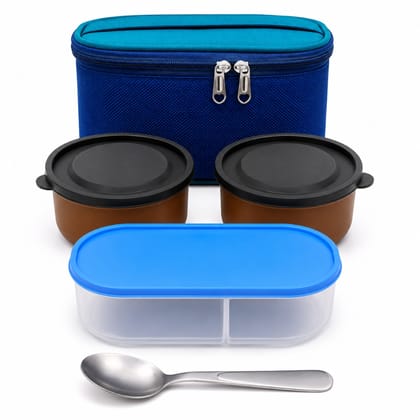 V3Deals Plastic Lunch Box with 2 Plastic Bowls, Spoon & Carry Bag | Tiffin Set, Food Grade Plastic, 2 Large Plastic Bowls, Spoon Included, Carry Bag, 2 Bowl Combo, Compact & Portable, Oval Tiffin Box