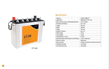 V-Guard VT 120 Tall Tubular Inverter Battery (110Ah, White) | Long Backup & High Cycle Life | Home Power Backup