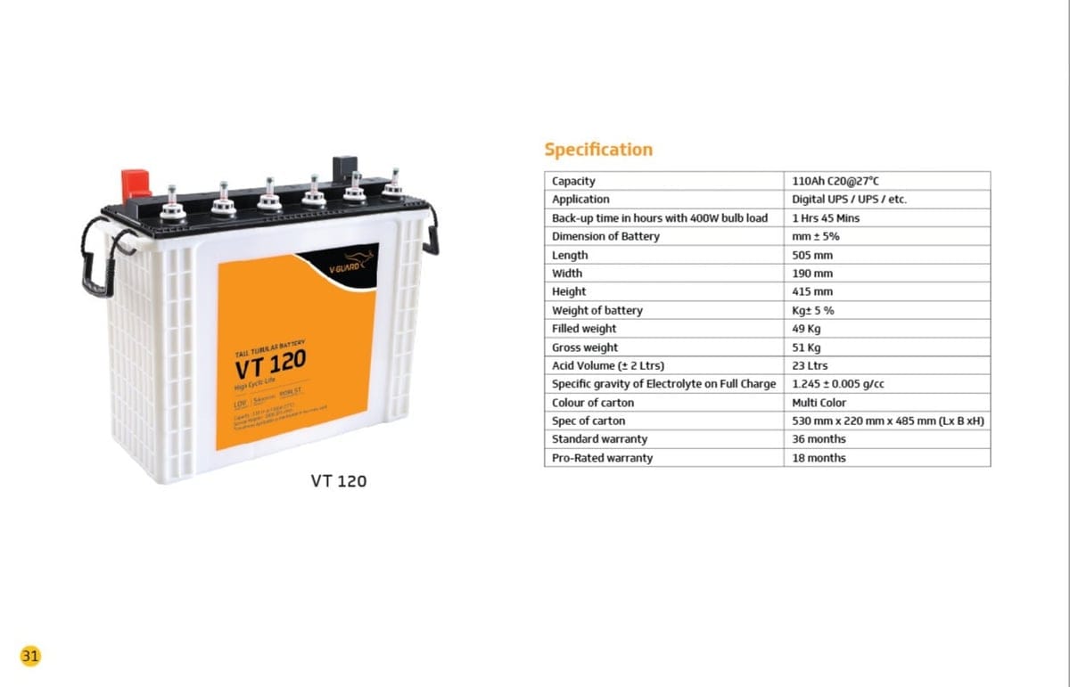 V-Guard VT 120 Tall Tubular Inverter Battery (110Ah, White) | Long Backup & High Cycle Life | Home Power Backup