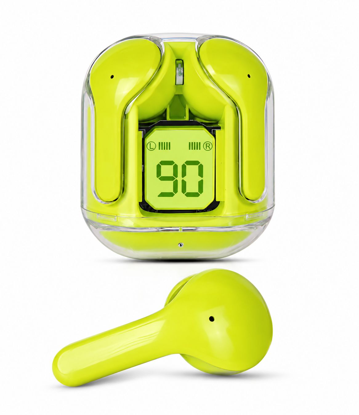 Bluetooth Earbuds with Digital Battery Display, Transparent Charging Case, Deep Bass, 4H Backup, Wireless Headphones for Android & iOS Smartphones (Green)