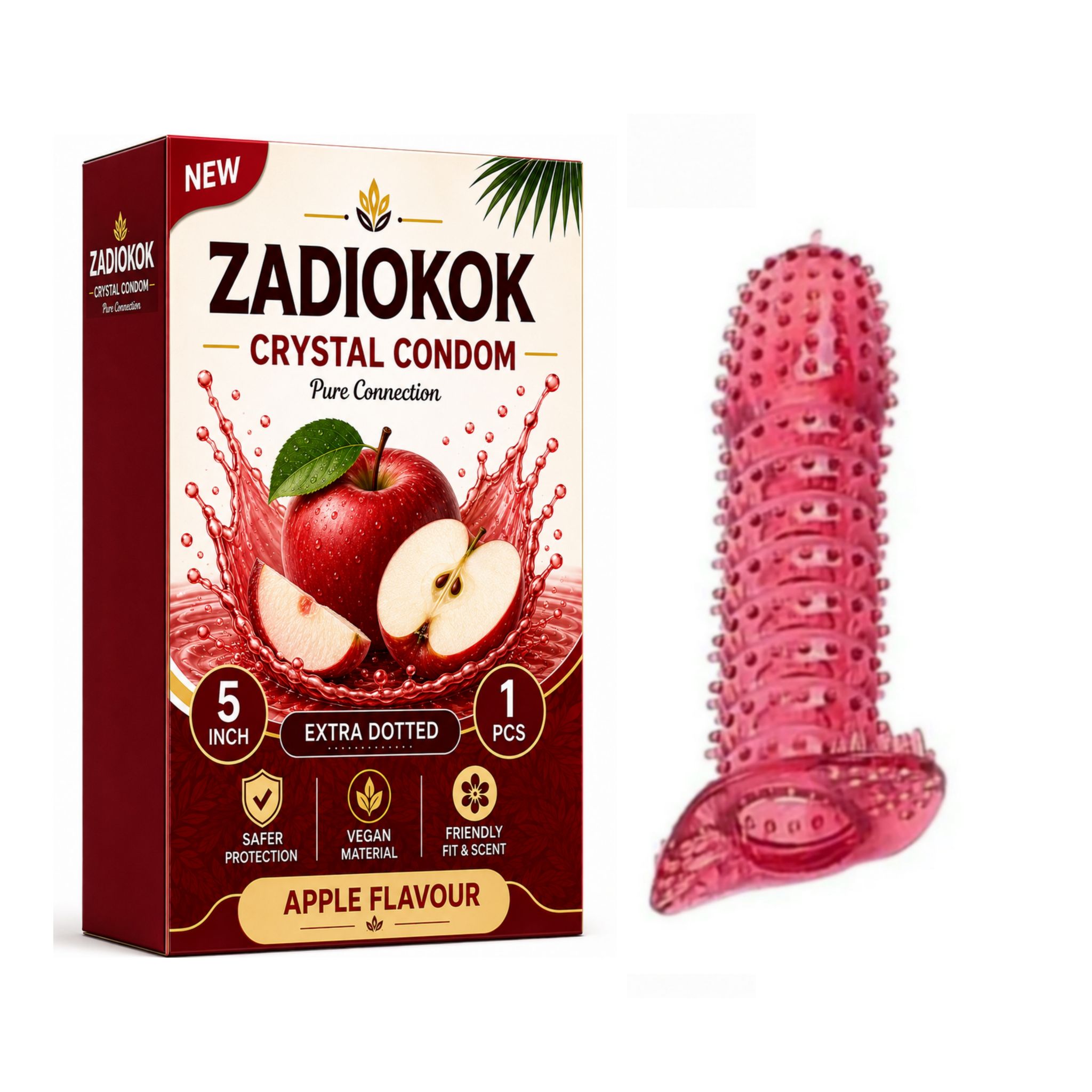 Zadiokok 5 Inch Crystal Dotted Condom Extra Dotted Apple Flavour, Reusable & Comfortable Fit (1 Pcs Set)