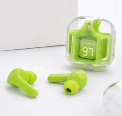Bluetooth Earbuds with Digital Battery Display, Transparent Charging Case, Deep Bass, 4H Backup, Wireless Headphones for Android & iOS Smartphones (Green)