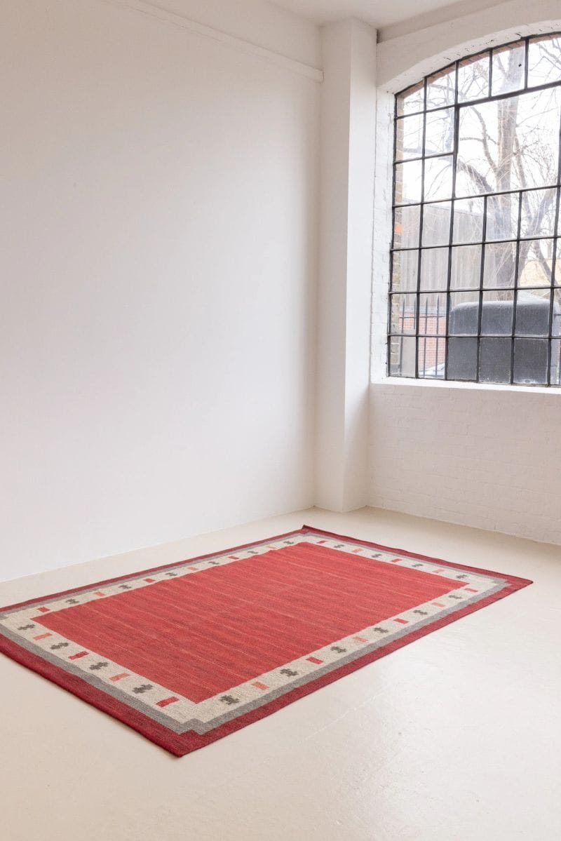 Handwoven Red Kilim Rug with Geometric Border