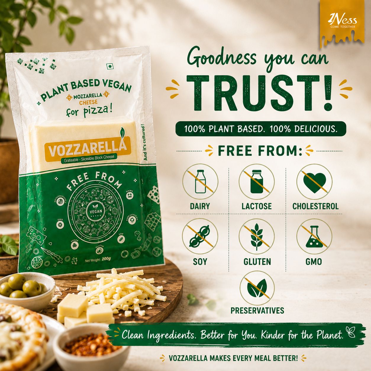 1Ness Vozzarella Plant Based Mozzarella Cheese | Vegan, Dairy Free & Lactose Free | Grateable & Sliceable Cheese for Pizza, Pasta & Sandwiches | 200g