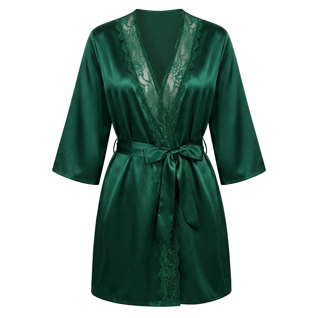 Elegant Emerald Green Satin Lace Trim Short Kimono Robe