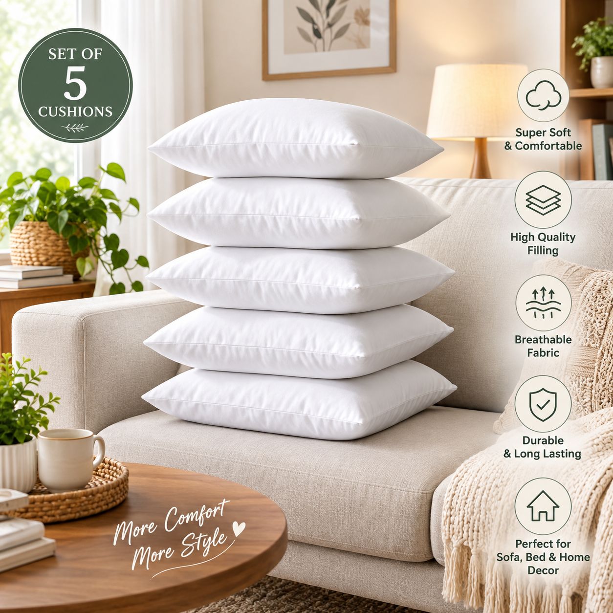 DHRUVINSRI Microfiber Cushion 16 inches x 16 inches Filler, Sofa Cushions Set of 5 Durable Sofa Pillow for Home Decor
