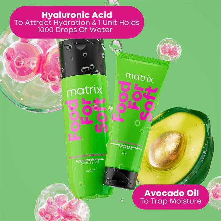 Matrix Food For Soft Hydrating Shampoo for Dry, Dehydrated Hair with Hyaluronic Acid & Avocado Oil (200ml) + Matrix Food For Soft Detangling Hydrating Conditioner for Dry Hair (100ml) Pack of 2