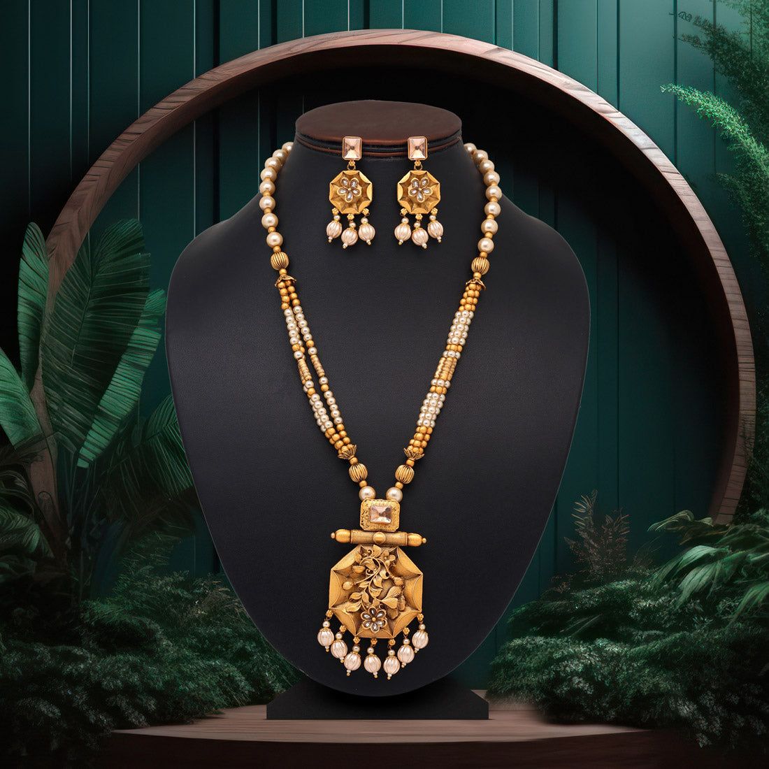 Gold Color Vilandi Kundan Long Matte Gold Rajwadi Temple Necklace Set (TPLN474GLD)-Adjustable Chain / Gold / Alloy With Good Quality Matte Gold Plated