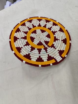 Handmade Circular Coaster - Maroon, White, and Yellow Weave
