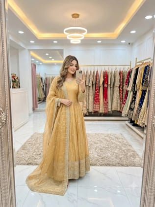 Embroidery Sequence Work Pure Fendy Silk Gown and Pant With Fendy Silk Dupatta (Size M To XXL) Ready To Wear 3 Piece Set - Golden