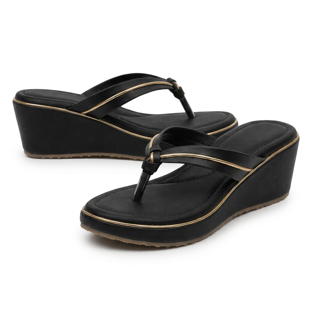 Women's Black Wedge Heel Thong Sandals with Gold Accent