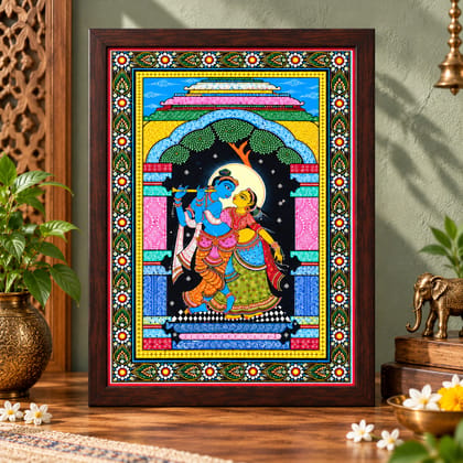 Hand-Painted Radha Krishna Milan Pattachitra Painting (Size: 19 x 13 Inches)