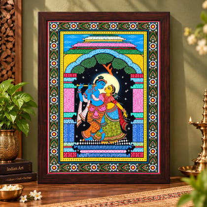 Hand-Painted Radha Krishna Milan Pattachitra Painting (Size: 19 x 13 Inches)