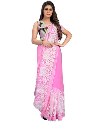 Gazal Fashions Net Embroidered Saree With Unstitched Blouse Piece ( Pink )