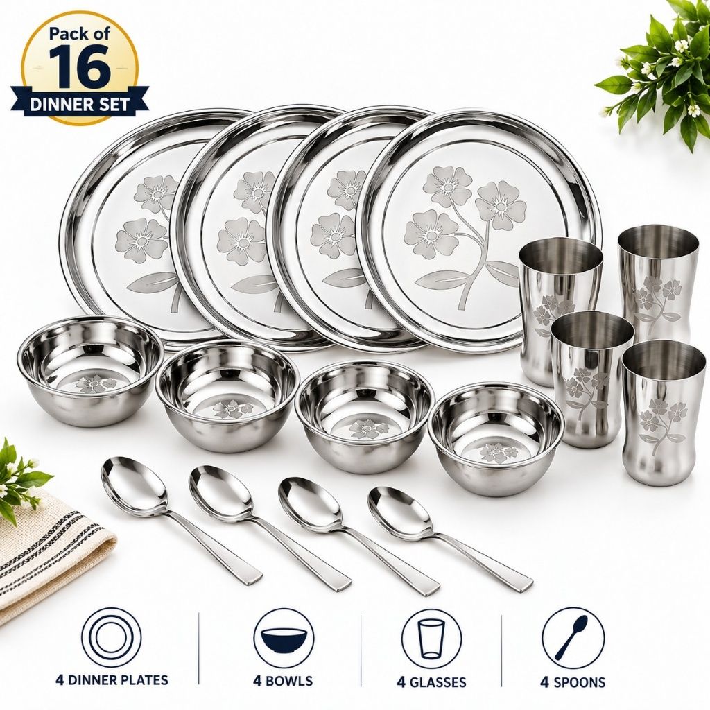 16 Piece Stainless Steel Floral Dinner Set