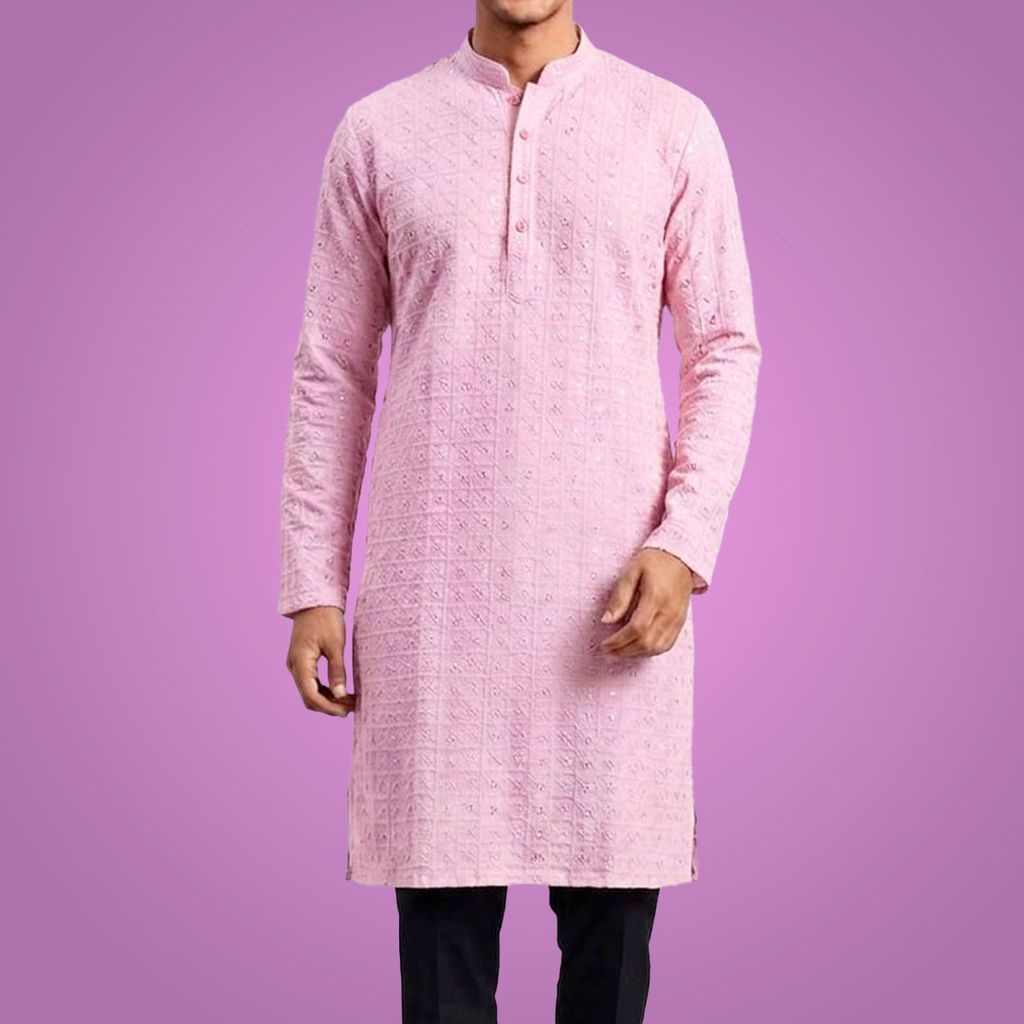 Men's Pink Lucknow Chikankari Kurta (Size-40) - Kurtas & Kurta Sets | Buy online on ZillyBuy