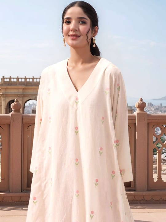 Floral Printed V-Neck Three-Quarter Sleeves A-Line Kurta With Palazzos - Kurtas & Kurta Sets | Buy online on ZillyBuy