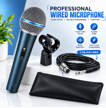 Professional Wired Handheld Dynamic Microphone, Cardioid Vocal Mic with 3-Pin XLR to 6.35mm Audio Cable, Microphone Clip, and Zipper Pouch for Karaoke Singing, Stage, Speaking