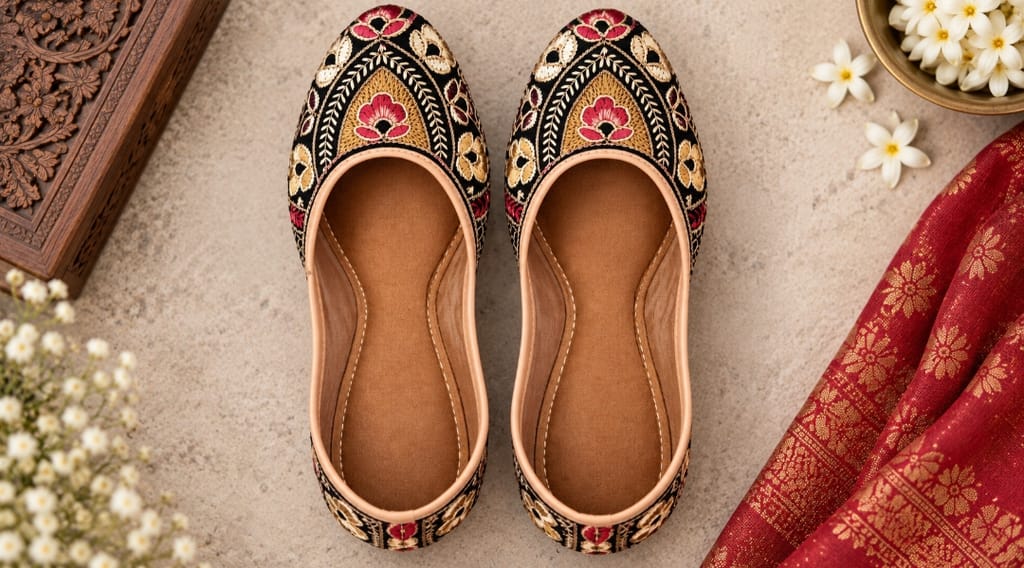 Premium Black Handmade Embroidered Jutti with Zari & Floral Thread Work - Custom Fit - Ethnic Shoes | Buy online on ZillyBuy