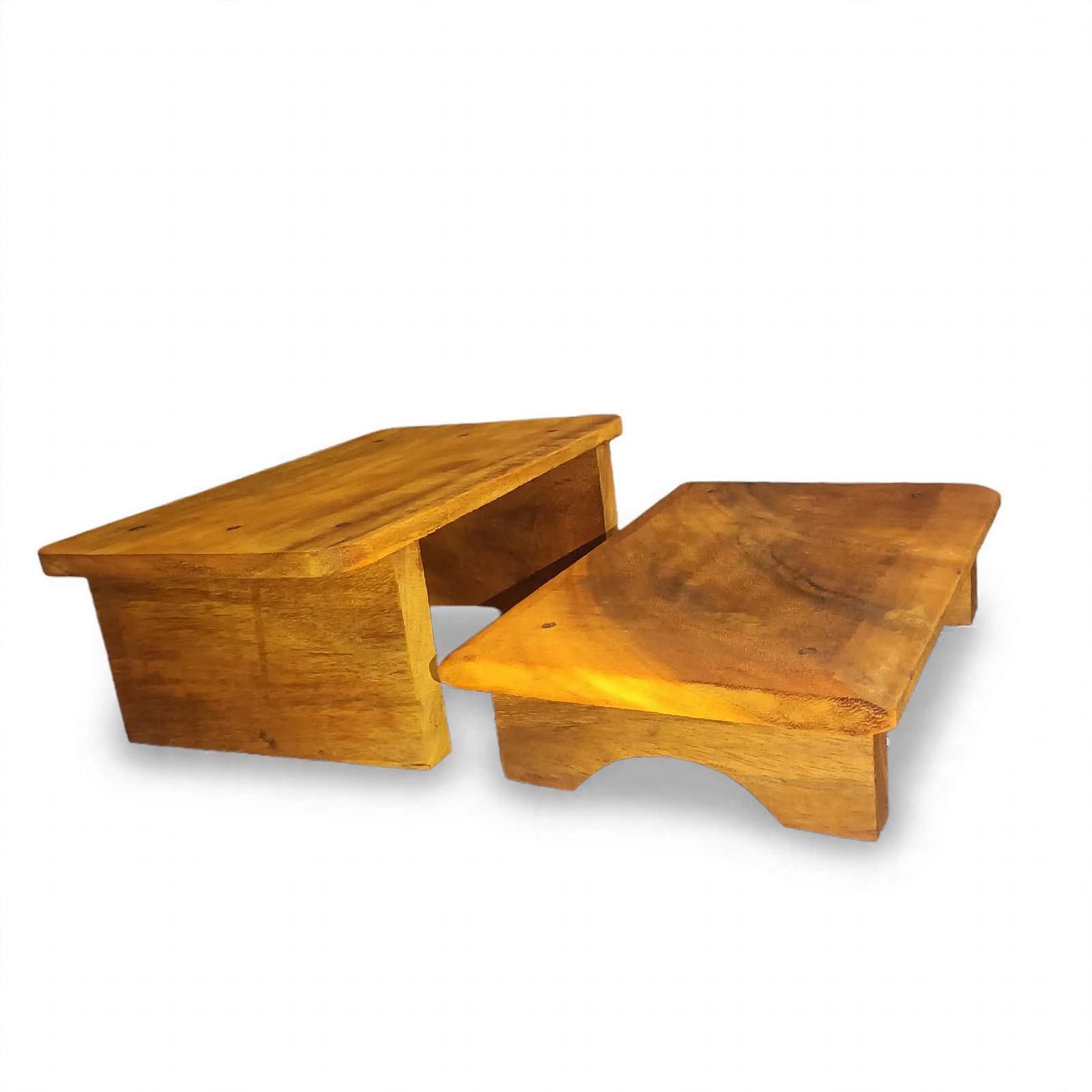 Handcrafted Solid Wood Puja Chowki & Sitting Pida Stool Combo (Pack of 2, Natural Brown Finish)