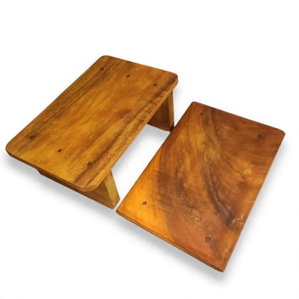 Handcrafted Solid Wood Puja Chowki & Sitting Pida Stool Combo (Pack of 2, Natural Brown Finish)